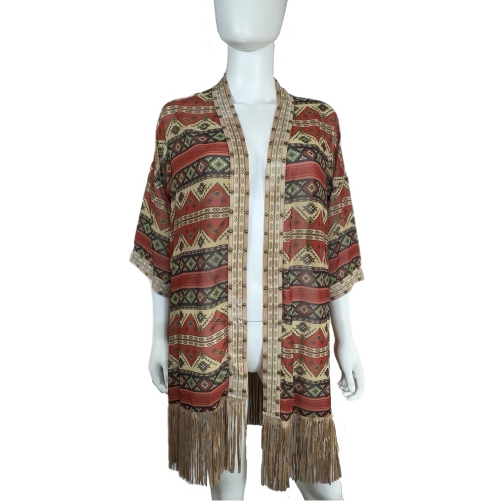 Delila Women Tassel Aztec Western Graphic ¾ Sleeve Fringed Kimono